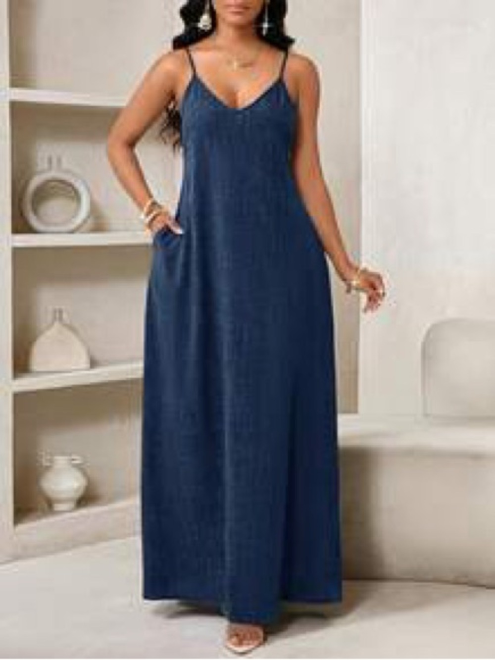 Sleeveless Navy Blue V-Neck Maxi Dress